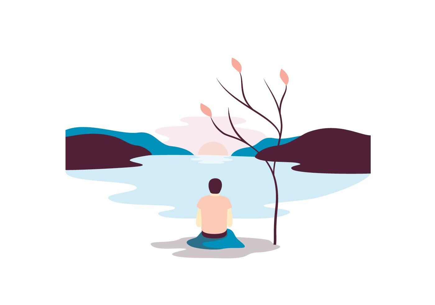 Illustration of a person sitting near a lake at sunset next to a small tree